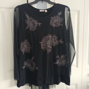 LOGO Lavish Embroidered Black Mesh Slub Knit Top XL